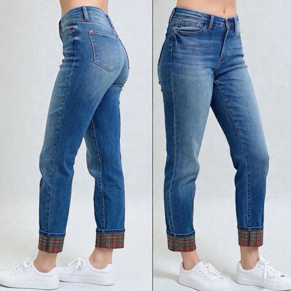 Judy Blue Buffalo Plaid Cuff Straight Leg Jeans Mid Rise Size 13/31 NWT - Picture 3 of 16